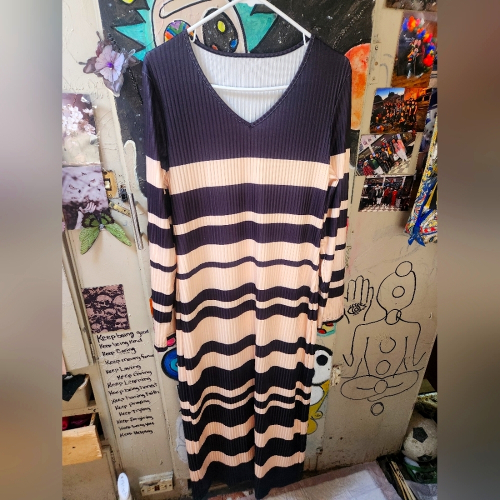 SHEIN Blue and Pink Long Sleeve V-Neck Sweater Dress